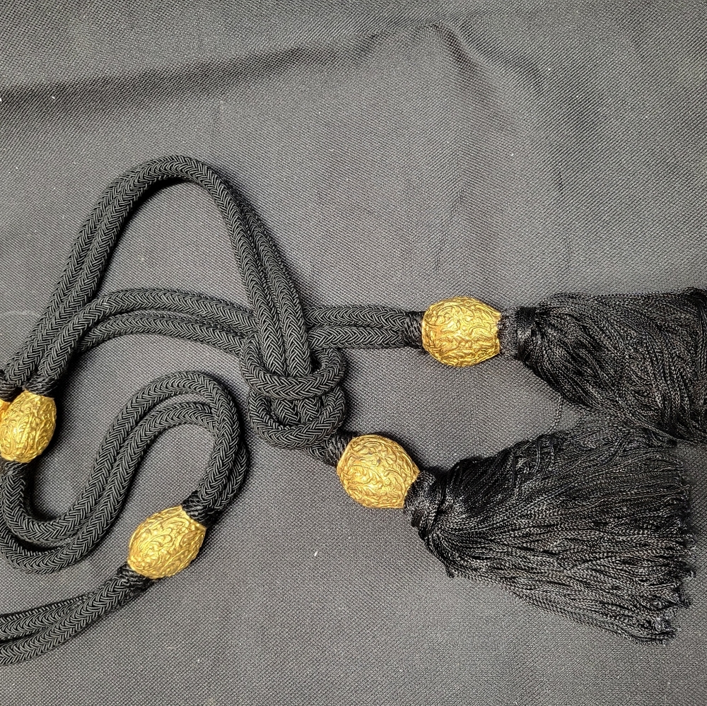 Black Braided Rope Belt with Gold Decorative Tassels